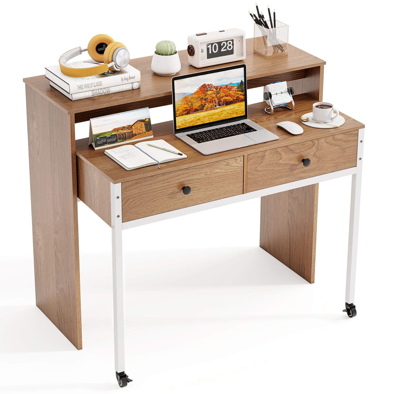 Tangkula Extendable Computer Desk with 2 Storage Drawers